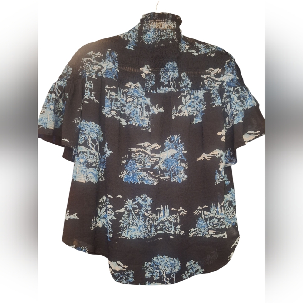 Ann Taylor Black and Blue Scenic Print Blouse